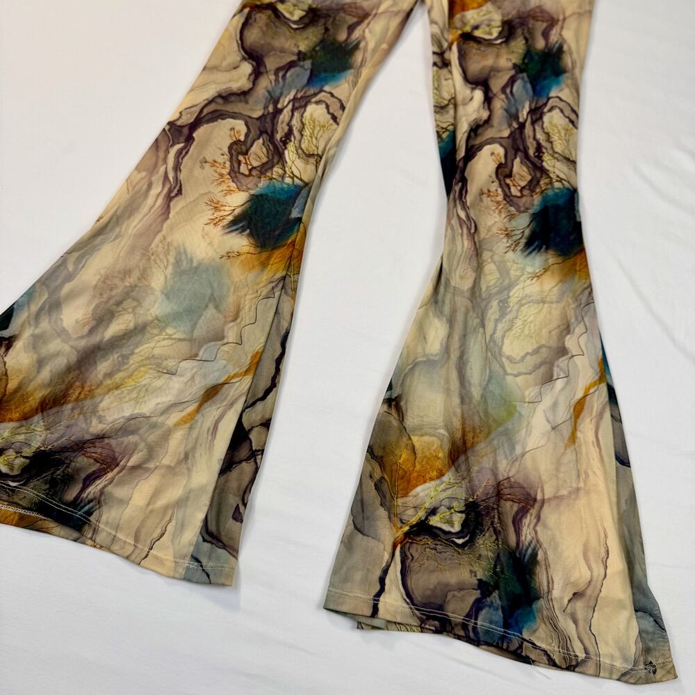 Blanc Abstract Mesh Flare Pants Large Earth Tone Sheer Print Y2K Art Girl Indie - Picture 3 of 14